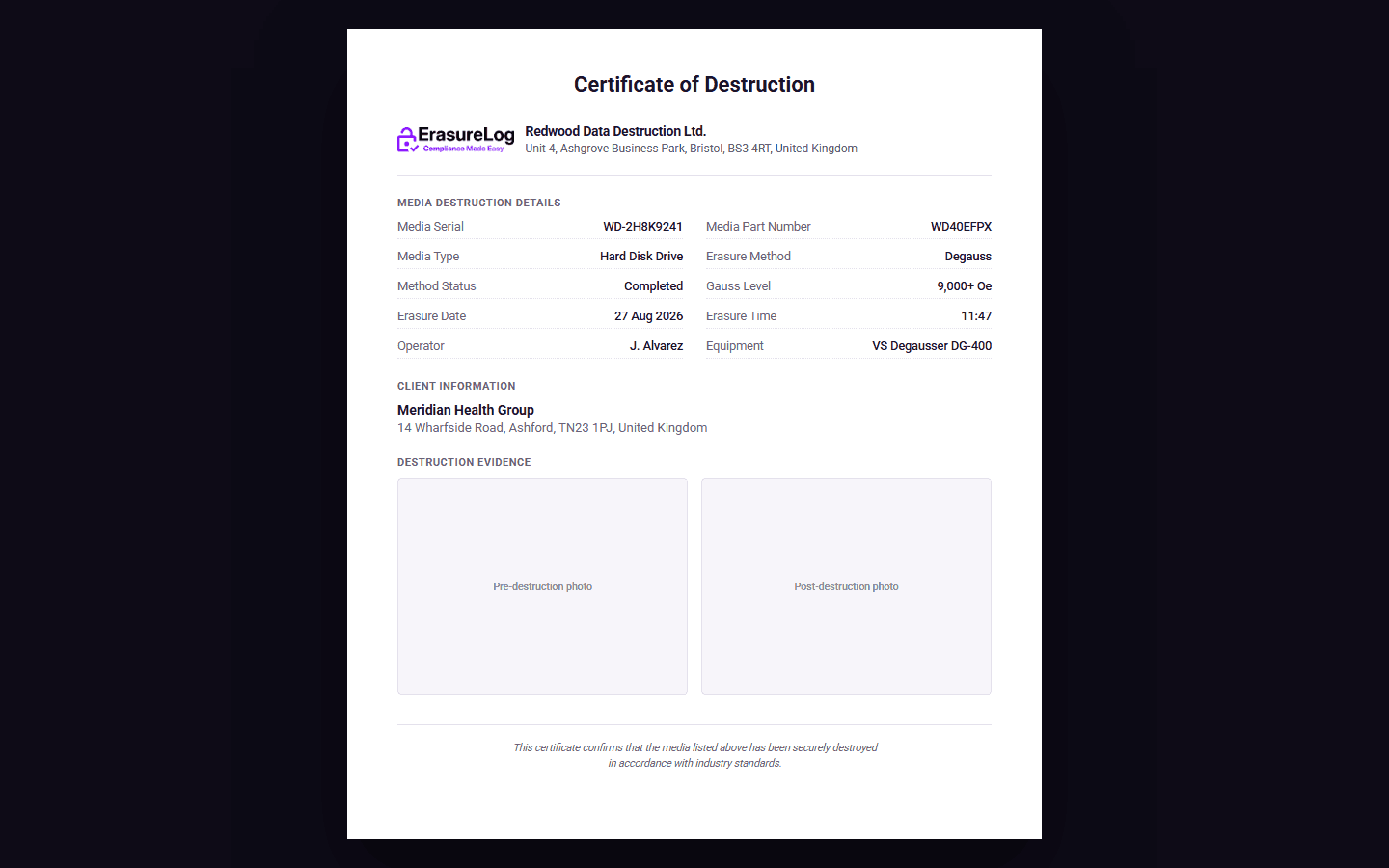 ErasureLog certificate of destruction showing media destruction details, client information, and destruction evidence