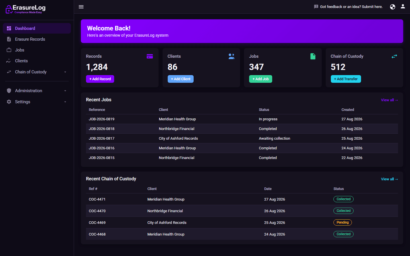 ErasureLog dashboard showing record, client, job, and chain of custody counts alongside recent jobs and recent chain of custody activity