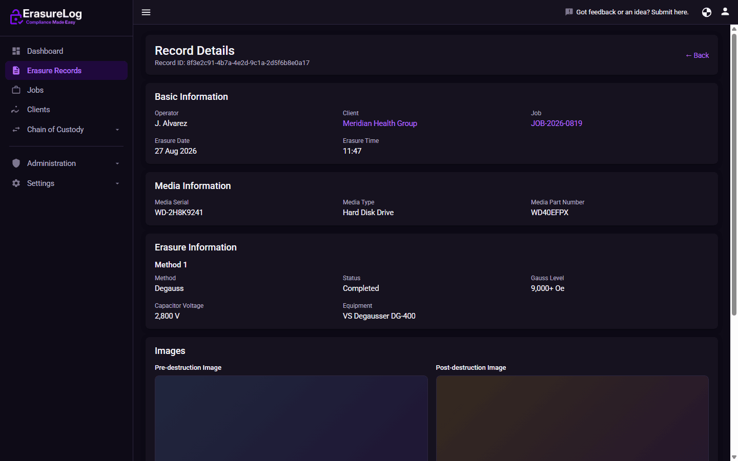 ErasureLog record details page showing basic information, media information, erasure information, before/after photo evidence, and certificate status